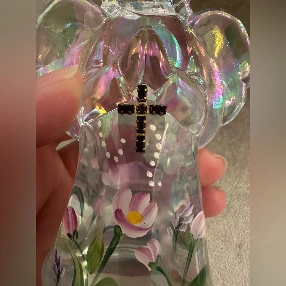 Fenton Angel Iridescent Jewel Cross Hand Painted Flowers 4.75
